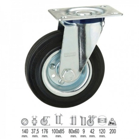 Rueda Industrial Goma Negra Placa 140 mm.