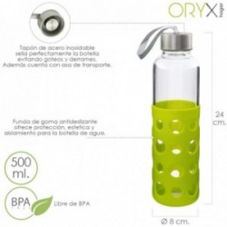 Botella Agua Fabricada En Cristal Con Funda De Goma y Tapon Antigotas, 500ml, Libre de BPA