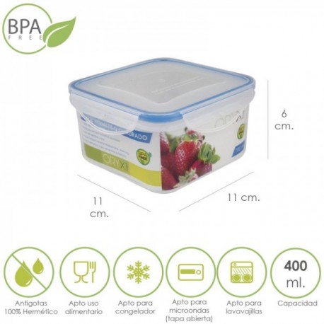 Recipiente Hermetico Plastico Cuadrado 400 ml. 11x11x6 (Alt.) cm.