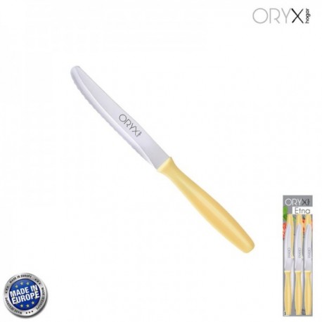 Cuchillo Mesa Etna Hoja Sierra Acero Inoxidable 10 cm. Amarillo (Blister 6 piezas)