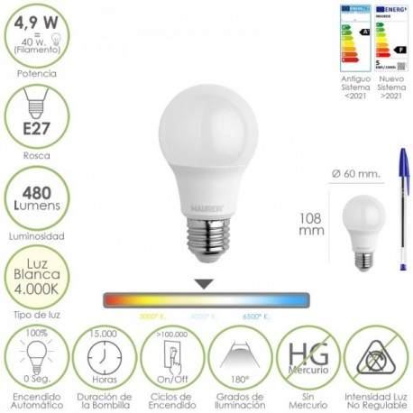 Bombilla Led Estandar Rosca E27. 4.9 Watt. Equivale A 40 Watt. 480 Lumenes. Luz Blanca (4000º K.)