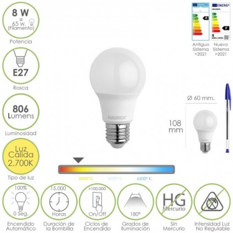 Bombilla Led Estandar Rosca E27. 8 Watt. Equivale A 65 Watt. 806 Lumenes. Luz Calida (2700º K.)