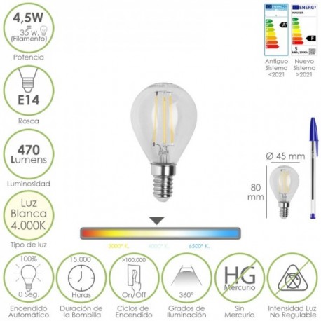 Bombilla Led Filamento Esfera Rosca E14. 4,5 Watt. Equivale A 35 Watt. 470 Lumenes. Luz Neutra 4000º K.