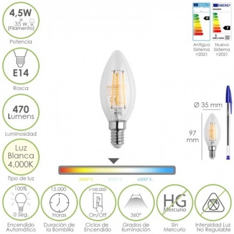 Bombilla Led Filamento Vela Rosca E14. 4,5 Watt. Equivale A 35 Watt. 470 Lumenes. Luz Neutra 4000º K.