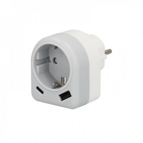 Enchufe / Adaptador Schuko Con 2 Tomas, USB A / C. Potencia Maxima 3680 W. Cargador Moviles, Cargador 2 Tomas, Adaptador Moviles