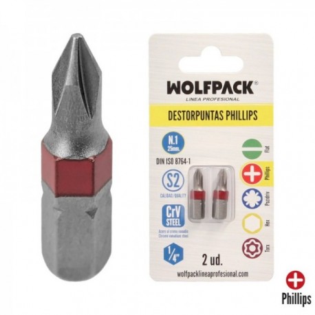 Puntas Largas Destornillador Phillips Nº 1 (2 Piezas). Acero S2 al Cromo Vanadio. Puntas Hexagonales, Destorpuntas,